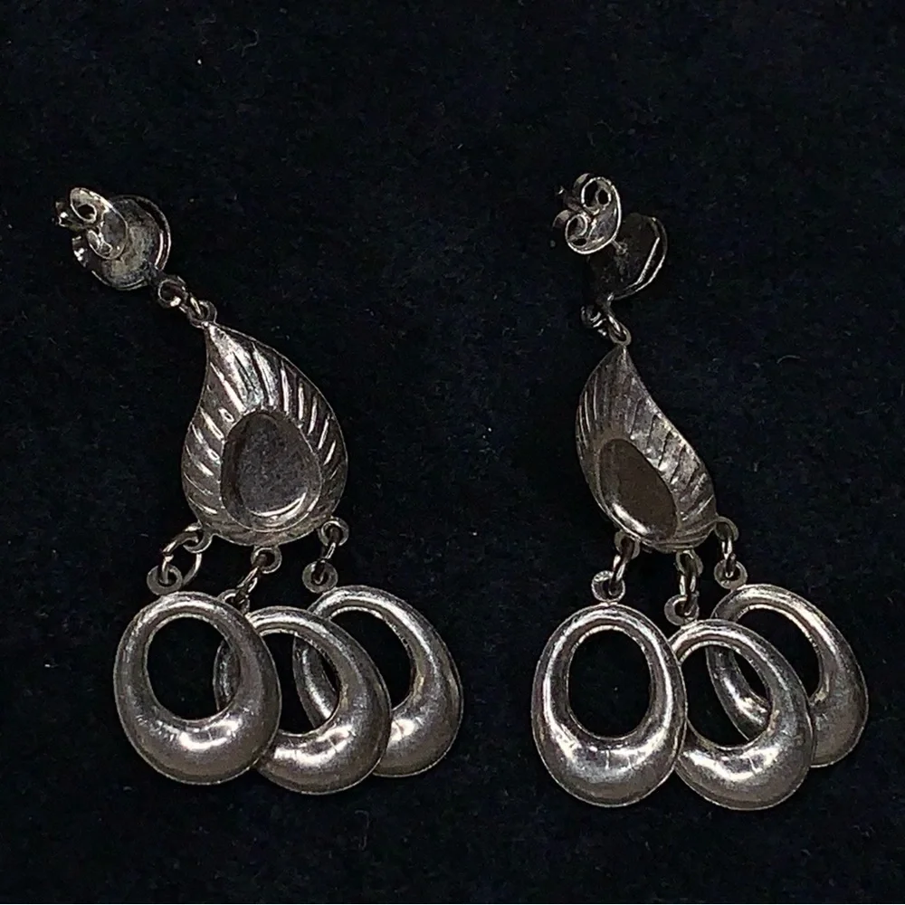 Vintage Rare Dark Silver Chrome Earrings Art Deco Dangle Chandelier Style Mod